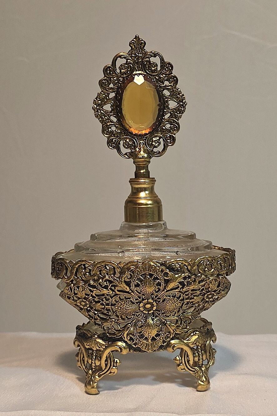 Vintage Ormolu Gold Filigree Perfume Bottle Jeweled Stopper Glass Vanity 7.5"